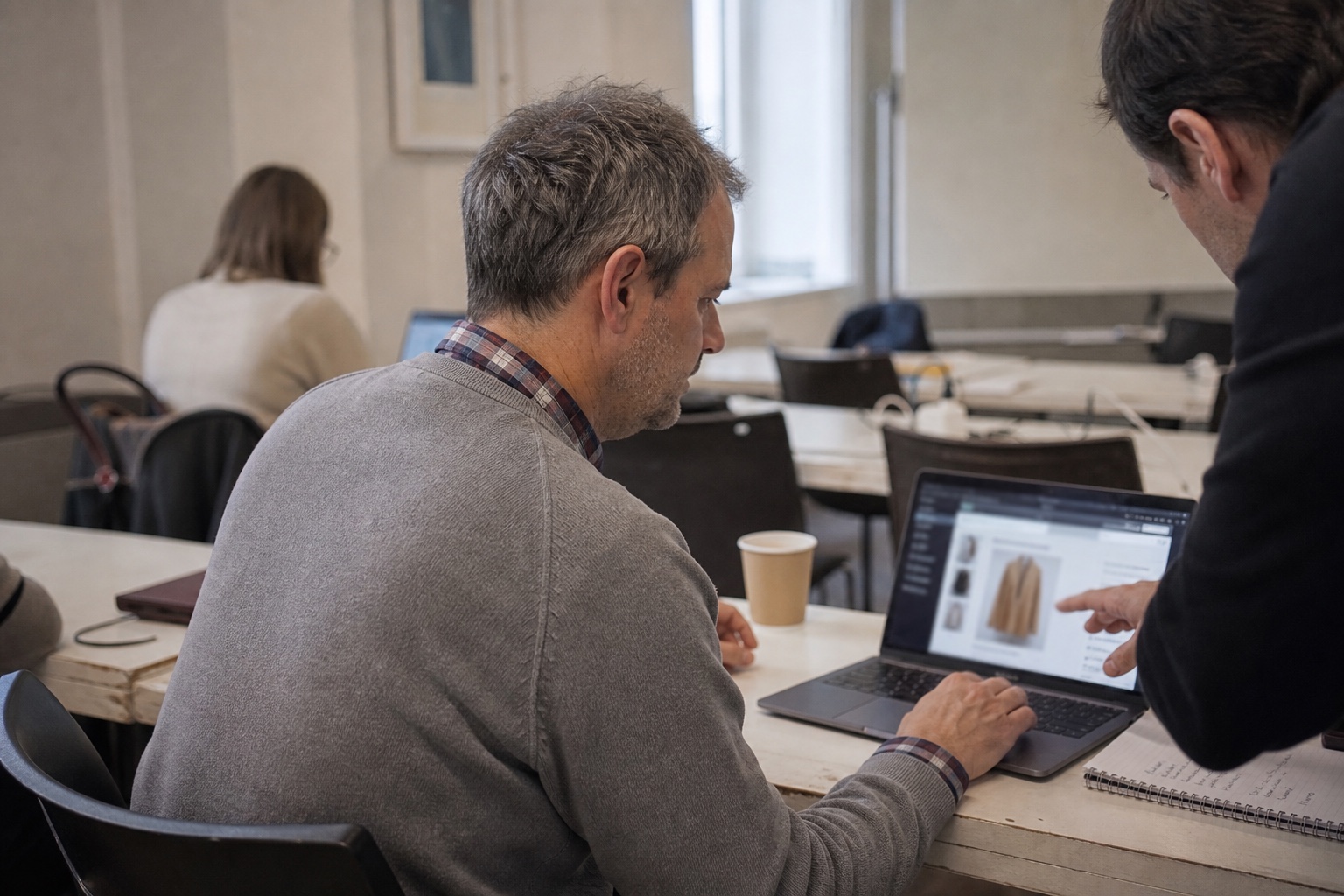 Martin bygger sin webbutik med praktisk hjälp från en instruktör.