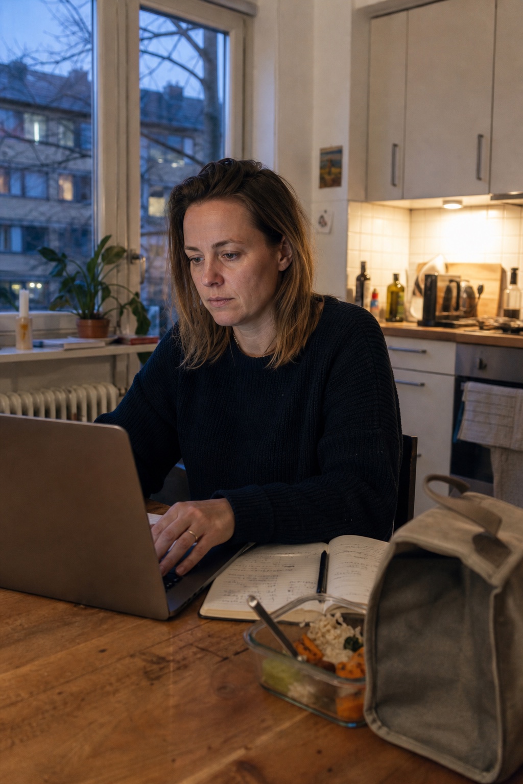 Anna arbetar med sin webbutik vid köksbordet efter jobbet.