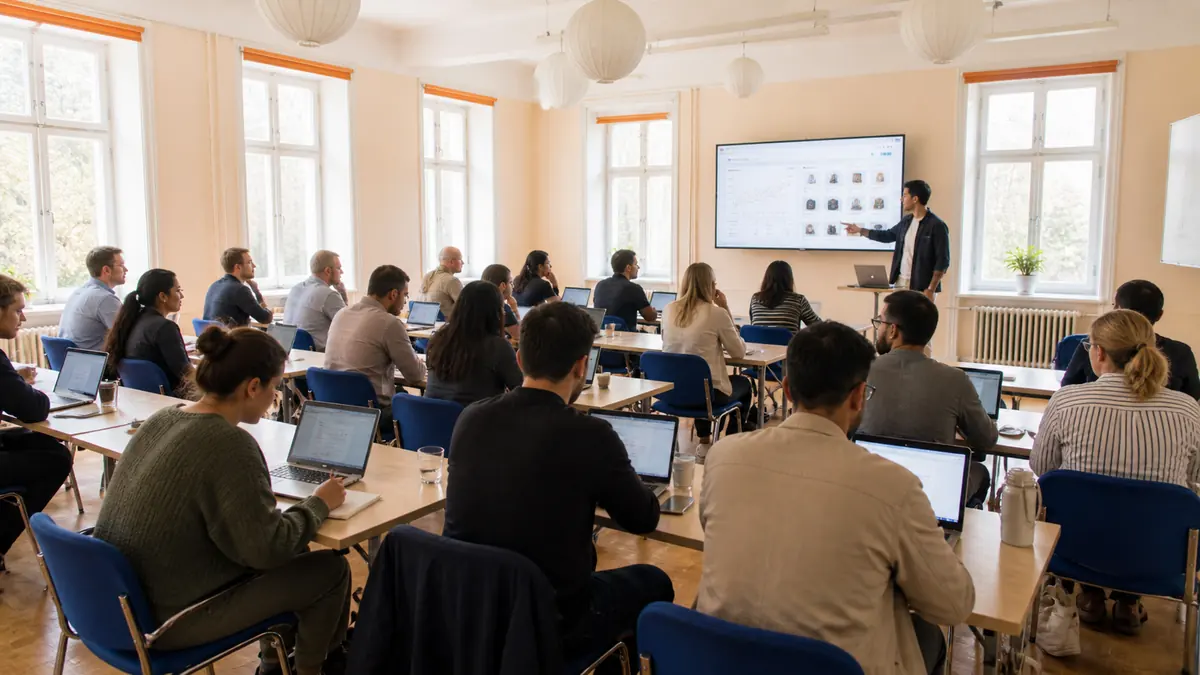 Workshopdeltagare arbetar vid sina egna datorer medan kursledaren visar på skärmen.